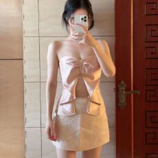 批发纯欲粉色蝴蝶结抹胸上衣包臀半身短裙两件套高级法式<b class='q'>名媛</b>风<b class='q'>套装</b>女