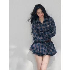批发复古蓝格子衬衫<b class='q'>连衣裙</b>子短裤内搭高级感韩系辣妹蓬蓬<b class='q'>连衣裙</b>套装女