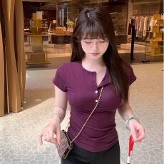 出大货 设计感小众半开领紫色短袖T恤女夏季百搭修身上衣