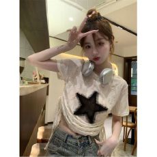 批发出大货 设计感抽绳短袖小众上衣女春季宽松美式辣妹<b class='q'>打底衫</b>