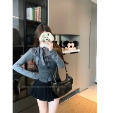 批发出大货 甜辣风套装女<b class='q'>秋</b>季灰色打底衫蝴蝶结上衣两件套