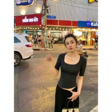 批发ACHI大也池莱赛尔羊毛深灰色U领<b class='q'>T</b><b class='q'>恤</b>女弹力修身五分<b class='q'>袖</b>简约打底上衣