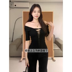 批发辣妹镂空绑带v领短袖T恤女收腰修身显瘦<b class='q'>打底衫</b>七分袖上衣