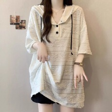 批发300斤大码夏胖MM慵懒风连帽宽松<b class='q'>打底衫</b>设计感显瘦百搭<b class='q'>中长款</b>上衣