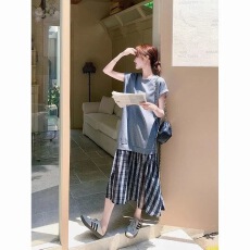 批发设计感拼接假两件格子连衣裙胖MM特大码夏季宽松遮肚显瘦休闲长裙