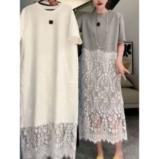 批发夏季胖MM时尚蕾丝拼接连衣裙300斤<b class='q'>加肥</b><b class='q'>加大</b>码宽松慵懒风短袖T恤裙