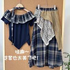 批发波西米亚复古一字肩格子短袖套装<b class='q'>女</b>学生春夏新款蕾丝半身裙两件套