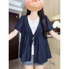 大码假两件系带短袖衬衫女2026夏季胖mm设计感衬衣宽松慵懒风上衣