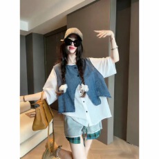 批发特大码叠穿300斤独特设计<b class='q'>牛仔</b><b class='q'>背心</b><b class='q'>马甲</b>短袖衬衫两件套2026夏新款