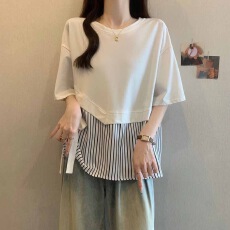 批发设计感条纹拼接短袖<b class='q'>T</b><b class='q'>恤</b>女2026夏季新款大码胖MM别致显瘦遮肚上衣