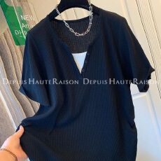 批发大码2-300斤胖MM设计感撞色短袖<b class='q'>T</b><b class='q'>恤</b>女夏季宽松百搭假两件正肩上衣
