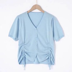 批发大码抽绳设计感v领冰丝短袖<b class='q'>t</b><b class='q'>恤</b>女夏季新款微胖mm遮肉显瘦别致上衣