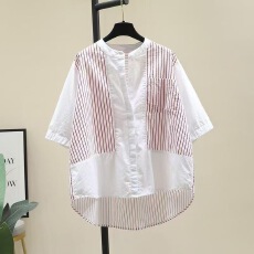 批发小清新黑色条纹拼接白色短袖<b class='q'>衬衫</b>女立领宽松短袖<b class='q'>衬衫</b><b class='q'>夏季</b>百搭上衣