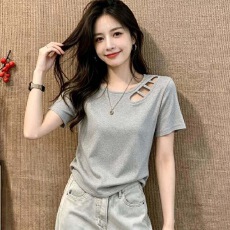 批发设计感镂空拼接<b class='q'>短袖</b>t恤女2026夏季新款宽松显瘦时尚气质减龄上衣