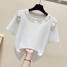 批发甜美荷叶边<b class='q'>短袖</b>T恤女2026夏季新款时尚钉珠圆领修身百搭上衣ins潮