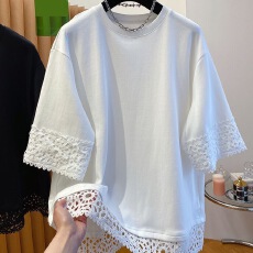批发<b class='q'>胖</b><b class='q'>mm</b>大码蕾丝拼接短袖t恤女夏季新款慵懒风宽松休闲百搭显瘦上衣