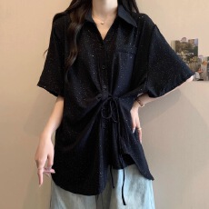 批发不规则系带短袖打底衬衫女夏季大码胖mm显瘦洋气<b class='q'>中长款</b>上衣300斤