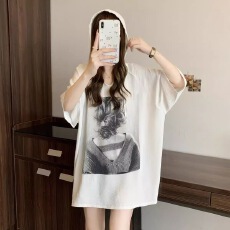 批发废土风印花连帽短袖<b class='q'>T</b><b class='q'>恤</b>夏季大码女装胖MM<b class='q'>中长款</b>遮肚上衣2-300斤潮