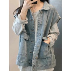 批发微胖穿搭<b class='q'>牛仔</b>马甲女春秋大码胖妹妹宽松显瘦外穿无袖坎肩工装外套