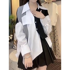 批发胖MM大码女装春秋新款假两件拼接长袖不规则衬衫设计感中长款<b class='q'>上衣</b>
