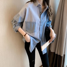 批发条纹<b class='q'>牛仔</b><b class='q'>衬衫</b>女春秋季长袖拼接上衣宽松复古<b class='q'>衬衣</b>休闲<b class='q'>牛仔</b>衣外套