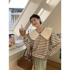 批发胖mm300斤韩系减龄长袖<b class='q'>条纹</b>上衣女冬季大码240宽松显瘦娃娃领卫衣