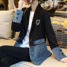 批发女装新款春秋大码西服薄款宽松上衣复古撞色牛仔<b class='q'>外套</b><b class='q'>显瘦</b>拼接西装