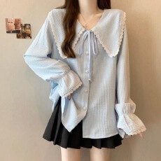 批发大码女装胖mm秋新款韩版宽松显瘦毛衣减龄<b class='q'>娃娃领</b>系带长袖<b class='q'>衬衫</b>上衣