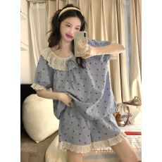 卡尔大量现货双短 甜美可爱蕾丝花边睡衣女夏季可外穿家居服