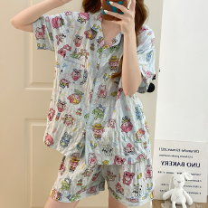 卡尔万年格睡衣女夏天女士开衫短袖短裤甜家居服