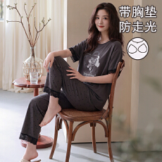 批发100<b class='q'>纯棉</b>带胸垫<b class='q'>睡衣</b>女夏天短袖长裤宽松大码家居服套装