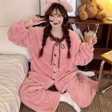 批发260克舒棉绒睡衣女秋冬加厚圆领开衫花边保暖<b class='q'>家居服</b>可外穿