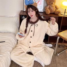 批发260克舒棉绒睡衣女秋冬加厚圆领开衫花边保暖<b class='q'>家居服</b>可外穿