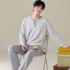 批发卡尔纯棉双口袋睡衣男士春秋简约纯色长裤家居服套装