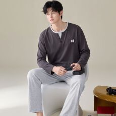 批发卡尔纯棉双口袋睡衣男士春秋简约纯色长裤家居服套装