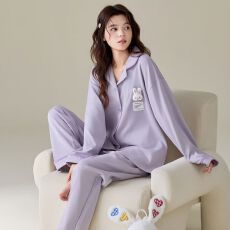 批发卡尔<b class='q'>纯棉</b>双口袋<b class='q'>睡衣</b>女春秋简约纯色长裤开衫家居服套装