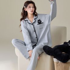 批发卡尔<b class='q'>纯棉</b>双口袋<b class='q'>睡衣</b>女春秋简约纯色长裤开衫家居服套装