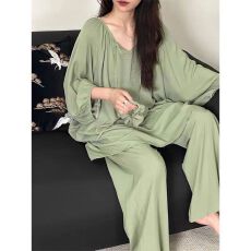批发卡尔云朵棉带头巾三件套<b class='q'>睡衣</b>女春秋简约纯色薄款长裤家居服套装