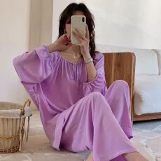 批发卡尔云朵棉带头巾三件套<b class='q'>睡衣</b>女春秋简约纯色薄款长裤家居服套装