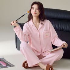 批发卡尔<b class='q'>纯棉</b>双口袋<b class='q'>睡衣</b>女春秋简约纯色长裤开衫家居服套装