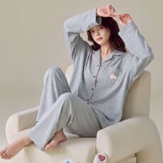 批发卡尔<b class='q'>纯棉</b>双口袋<b class='q'>睡衣</b>女春秋简约纯色长裤开衫家居服套装