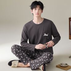 批发卡尔<b class='q'>纯棉</b>圆领秋冬季男款<b class='q'>睡衣</b>长袖长裤两件套男士家居服