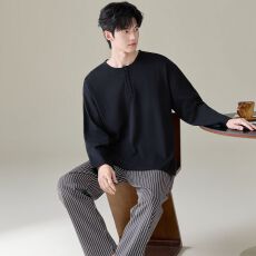 批发卡尔<b class='q'>纯棉</b>圆领秋冬季男款<b class='q'>睡衣</b>长袖长裤两件套男士家居服