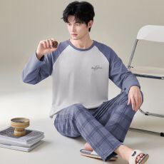 批发卡尔<b class='q'>纯棉</b>圆领秋冬季男款<b class='q'>睡衣</b>长袖长裤两件套男士家居服