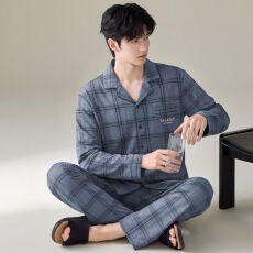 批发【卡尔】<b class='q'>纯棉</b>开衫秋冬季男款<b class='q'>睡衣</b>长袖长裤两件套圆领家居服