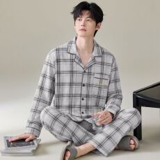 批发卡尔<b class='q'>纯棉</b>开衫秋冬季男款<b class='q'>睡衣</b>长袖长裤两件套圆领家居服