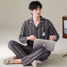 批发卡尔<b class='q'>纯棉</b>开衫秋冬季男款<b class='q'>睡衣</b>长袖长裤两件套圆领家居服
