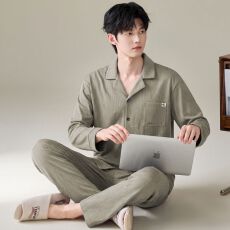 批发卡尔<b class='q'>纯棉</b>开衫秋冬季男款<b class='q'>睡衣</b>长袖长裤两件套圆领家居服
