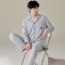 批发卡尔<b class='q'>纯棉</b>开衫秋冬季男款<b class='q'>睡衣</b>长袖长裤两件套圆领家居服