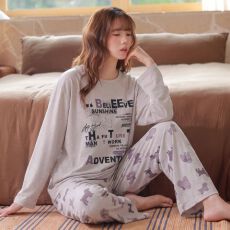 批发【卡尔】纯棉带胸垫2026新款甜美睡衣女圆领春秋季长袖家居服套装